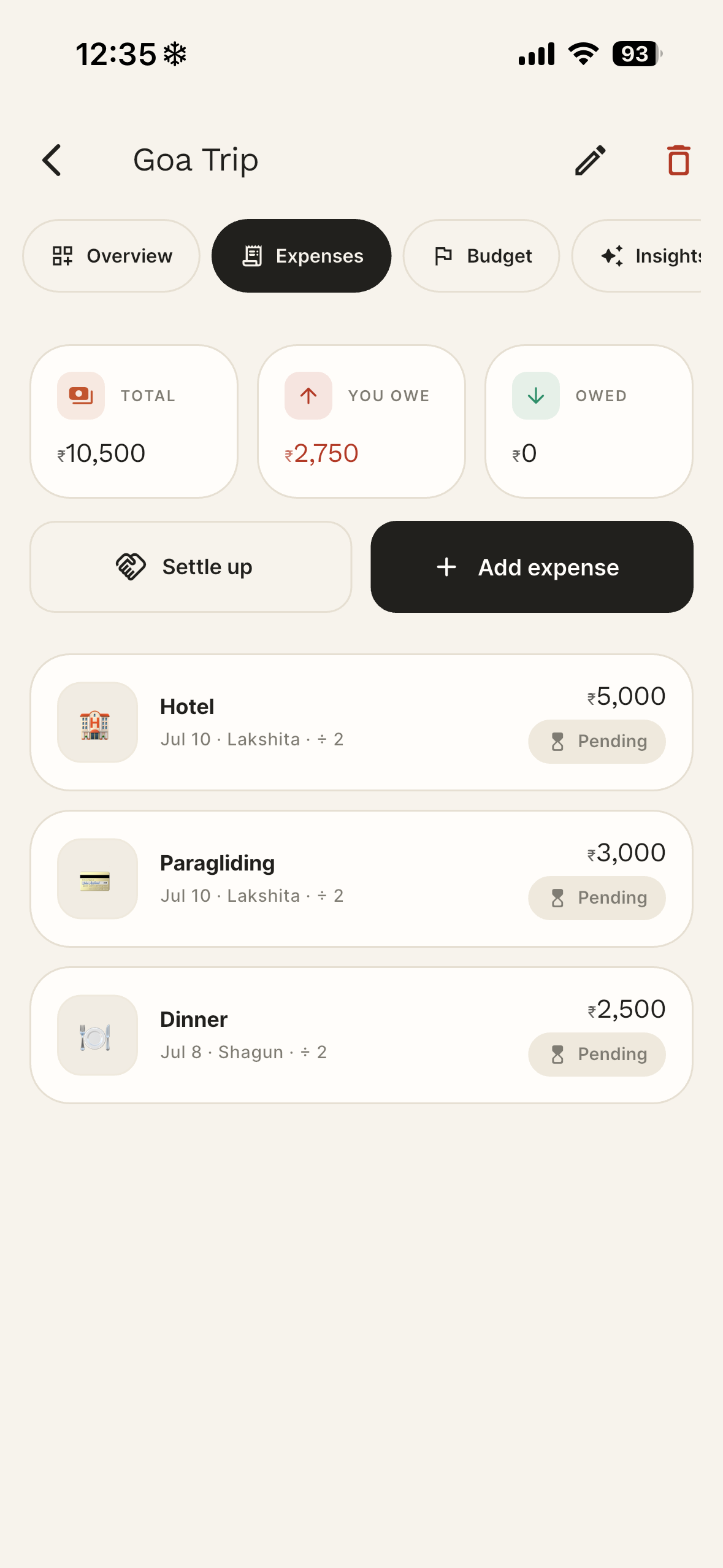 Expenses screen
