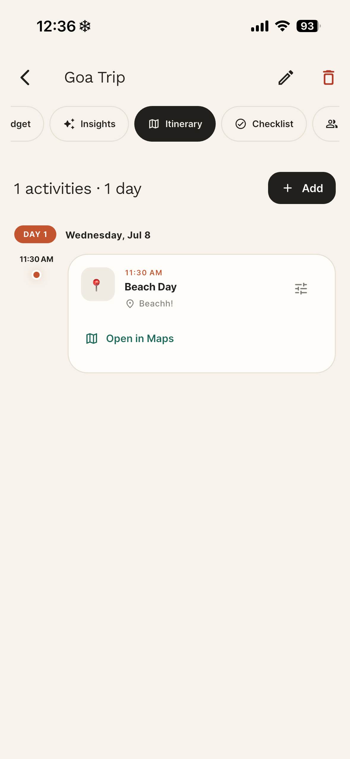 Itinerary screen